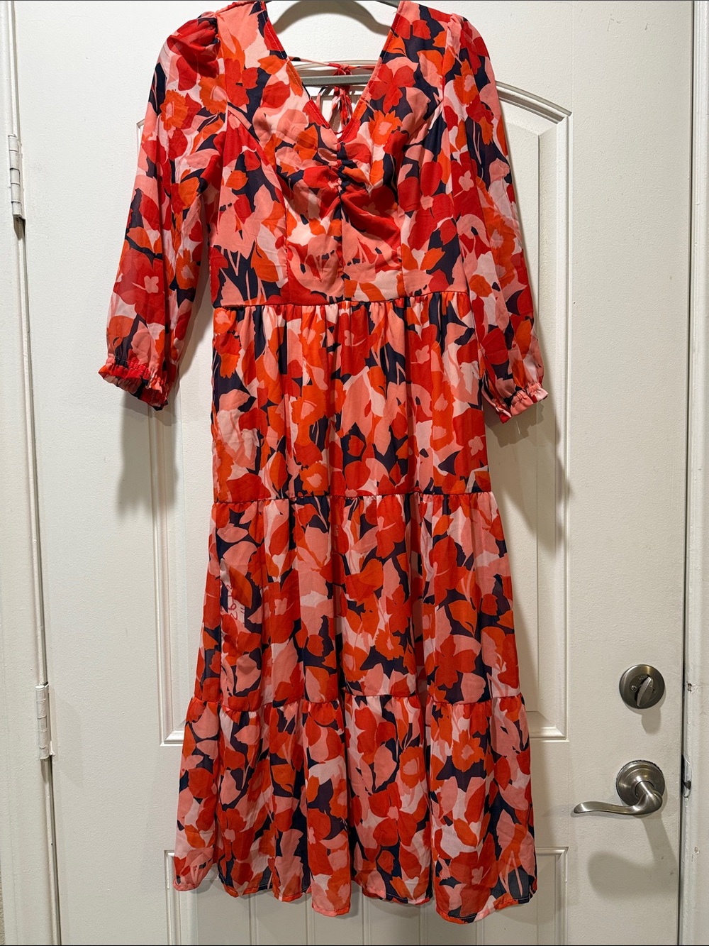 Sincerely Jules Coral, Red & Navy Floral Tie-Back Tiered Maxi Dress